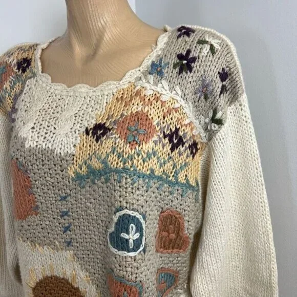 90s Brand New Next Issue Womens Medium Ramie Blend Granny Square Sweater Cottage - Picture 4 of 15